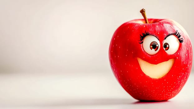 Cheerful red apple with googly eyes and a carved smile rests playfully on a white surface, adding humor to healthy eating with its silly character