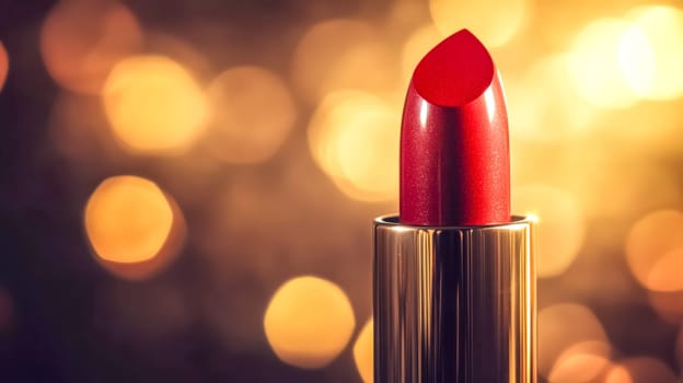 Vibrant red lipstick on luxurious golden background with soft lights, ideal for beauty, cosmetics, and fashion. Radiating glamour and style, perfect for love, passion, desire projects