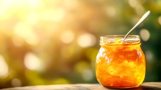 Glass jar full of peach jam is sitting on a wooden surface with a spoon resting on top. The background is a sunny garden