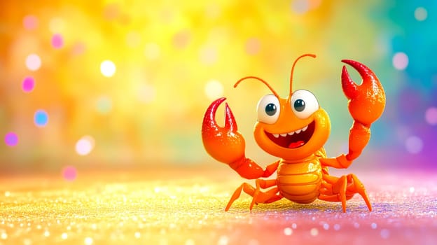 Cartoon crab waving a claw with a big smile, on a sparkling background with bokeh, perfect for summer, beach or seafood concepts