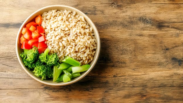 Bowl full of healthy brown rice with chopped vegetables like broccoli, peppers and green beans, served on rustic wooden table