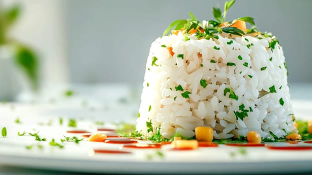 Delicious steamed rice with sweet corn, herbs, and savory sauce on a white plate. Perfect for menus or food blogs. Tasty and healthy meal
