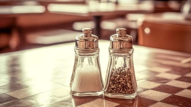 Classic salt and pepper shakers stand on a table in a restaurant, ready to add flavor to a meal. The warm lighting and checkered tabletop create a cozy atmosphere