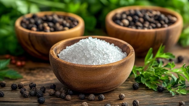 Three wooden bowls stand on a rustic wooden surface, filled with coarse sea salt and black peppercorns, with fresh parsley surrounding