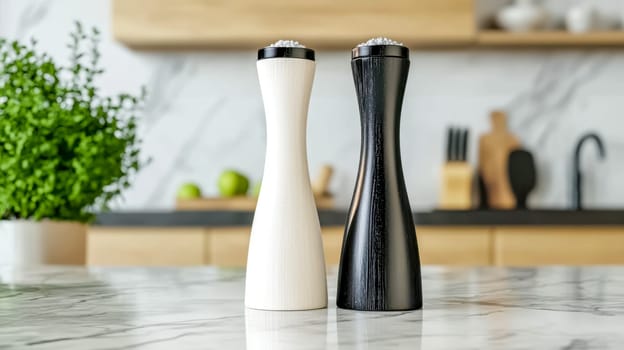 Black and white salt and pepper shakers standing on a marble countertop in a modern kitchen, creating a stylish and minimalist atmosphere