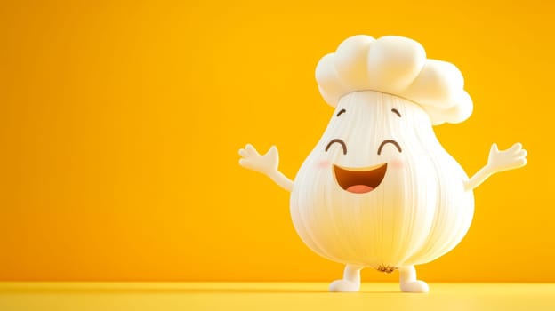 Cheerful garlic cartoon chef character wearing a toque blanche is waving its hands, suggesting the concept of healthy eating and organic food