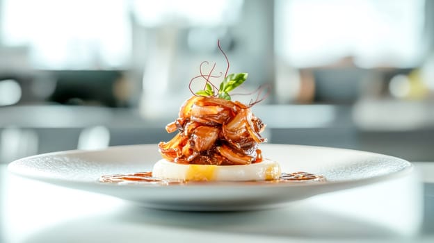 Delicious meal is presented on a white plate, featuring caramelized onions and a savory sauce, creating an upscale dining experience
