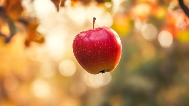 Ripe red apple hanging from a tree in the warm sunlight, symbolizing autumn's bounty and freshness. Perfect for fall designs