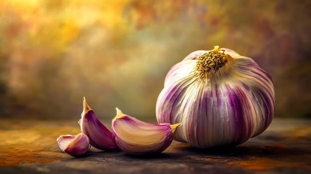 Single bulb of garlic is sitting on a rustic wood surface with cloves, bathed in warm light. The image evokes a sense of warmth and comfort, with a focus on the natural beauty of the garlic