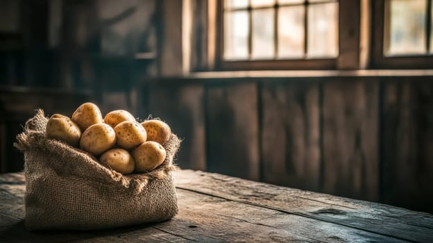 Burlap sack overflowing with freshly harvested potatoes sits on a weathered wooden table in a rustic setting, illuminated by warm sunlight streaming through a window