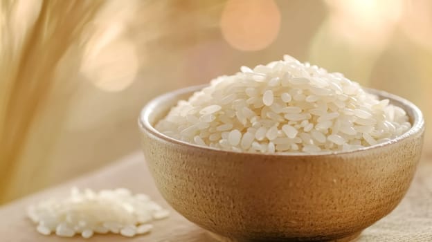 Wooden bowl overflowing with white rice grains, with a few grains scattered on the table beside it and a blurred golden background