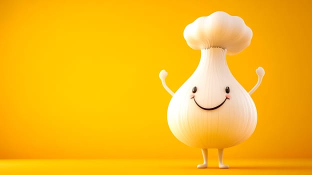 Cheerful garlic bulb chef character is joyfully waving, radiating positivity and culinary enthusiasm against a vibrant yellow backdrop