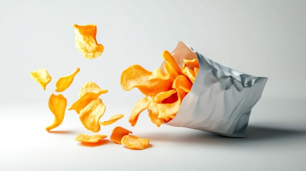 Crunchy potato chips flying out of a foil bag, creating a dynamic and appetizing scene on a white background. Perfect for snack, junk food, and food packaging concepts