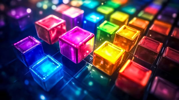 Luminous cubes are arranged in a grid, creating a vibrant and colorful abstract background. The cubes glow with an internal light, casting reflections on the surface they are placed on