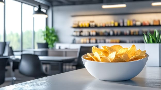White bowl overflowing with crispy tortilla chips sits on the counter of a bright modern office pantry, offering a tempting snack for employees