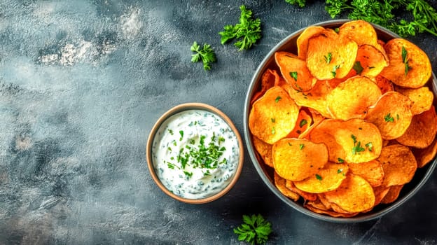 Round bowl full of sweet potato chips seasoned with herbs and salt sitting on a dark background next to a bowl of herb dip