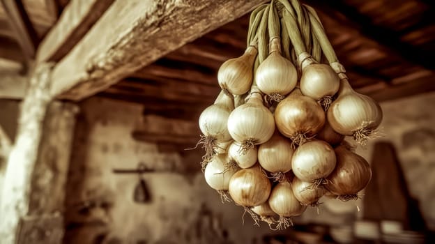 Fresh onions hanging in rustic pantry, embodying farm to table vibe with vintage feel. Close up shot captures raw beauty, ideal for culinary concepts