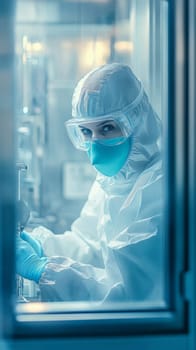 Medical professional in full protective equipment including face mask, goggles, and hazmat suit, working in a laboratory environment.
