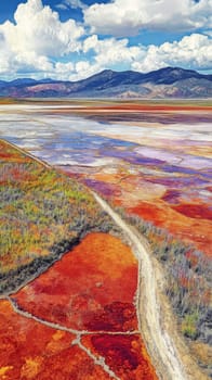 Aerial view of vibrant multicolored salt lake with mountain range and dramatic clouds, showcasing nature's palette in a surreal landscape.