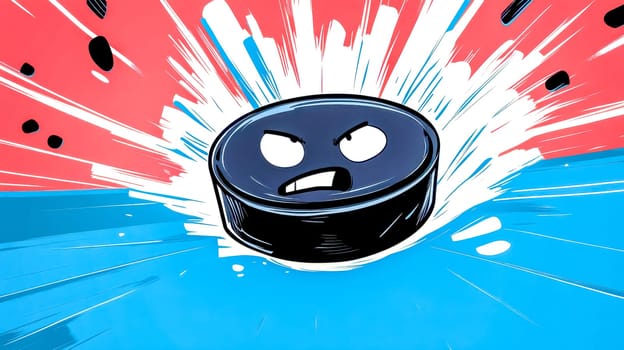 Illustration of an angry hockey puck flying through the air over a blue line with a red and white comic book style background