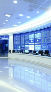 Modern control room with curved wall of data screens and computer workstations, illustrating advanced technology and data management in corporate environment.