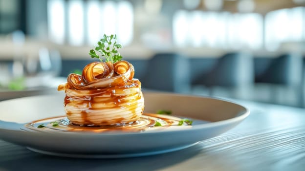 Beautifully plated appetizer in a brightly lit restaurant, garnished with parsley and drizzled with sauce, exudes elegance and fine dining
