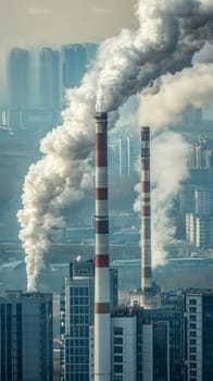 Towering industrial smokestacks releasing dense plumes of pollution against a backdrop of high rise buildings, illustrating urban air quality issues.
