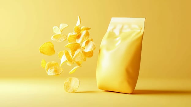 Potato chips are floating from a yellow bag on a yellow background. This image is perfect for snack, appetizer, and food packaging designs