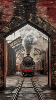 Vintage steam locomotive billowing smoke as it emerges from a brick archway, capturing the nostalgic essence of historic rail travel.