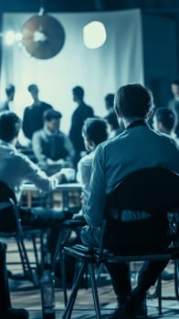 Rear view of a man attending a crowded business conference or seminar, with blurred silhouettes of attendees in a blue toned atmosphere.