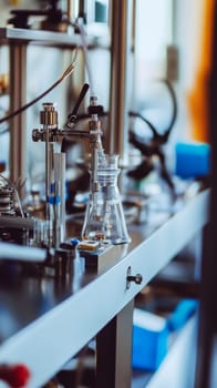 Close up view of precision scientific instruments and glassware in a modern research laboratory, showcasing advanced technology for chemical analysis.