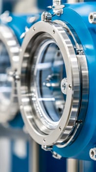 Close up of a blue industrial machine with shiny metal circular components, showcasing precision engineering and advanced manufacturing technology.