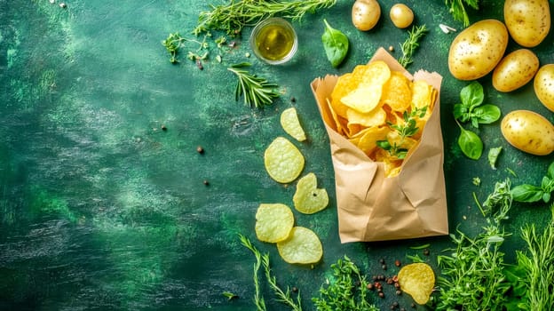 Delicious potato chips spilling from a paper bag onto a green table, surrounded by fresh herbs, spices, and raw potatoes