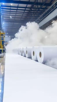 A vast industrial warehouse filled with thick, swirling fog obscures rows of massive paper rolls, creating an otherworldly, surreal atmosphere.