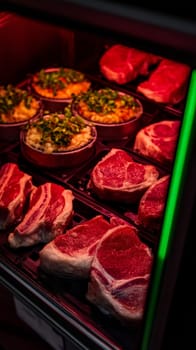 Close up of premium raw meat cuts and prepared dishes in a stylish butcher shop display, highlighting quality and presentation in food retail.