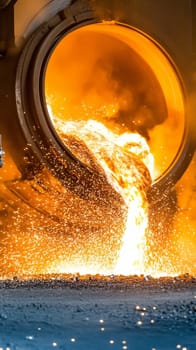 Dramatic view of glowing molten metal being poured from a furnace, showcasing industrial metalworking processes with intense heat and sparks flying.