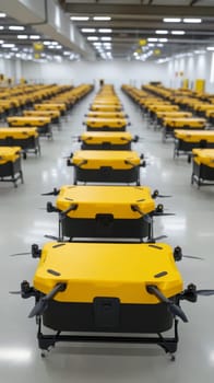 Vast warehouse interior filled with rows of yellow delivery drones, illustrating the future of automated logistics and technological advancements in shipping industry.