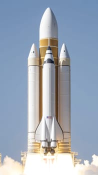 Space shuttle lifting off launch pad with ignited boosters and billowing smoke, symbolizing space exploration and technological advancement.