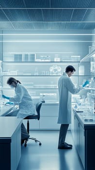 Two scientists in white lab coats conducting experiments in a modern, blue toned laboratory with advanced equipment and glassware on shelves.