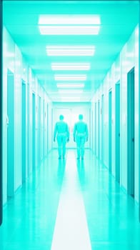 Two medical professionals walking down a brightly lit, turquoise tinted hospital corridor, creating an atmosphere of advanced healthcare and sterility.