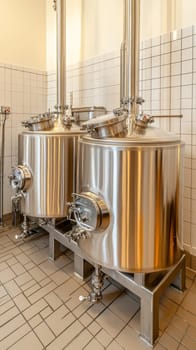 Shiny stainless steel brewing tanks in a microbrewery setting, showcasing modern beer production equipment against white tiled walls.