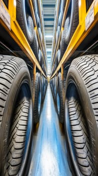 Symmetrical view down a long aisle of stacked tires in a warehouse, showcasing industrial storage and inventory management in the automotive industry.