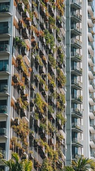 Stunning view of a high rise apartment building with balconies covered in lush green plants, showcasing urban gardening and eco friendly architecture.