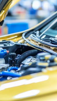 Close up view of a car engine with various components and cables, showcasing automotive repair and maintenance in a workshop setting.