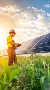 Worker in safety gear inspecting solar panels in a field at golden hour, symbolizing renewable energy and sustainable technology.