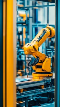 Close up of a bright yellow robotic arm operating in a manufacturing environment, showcasing precision automation and advanced industrial technology.