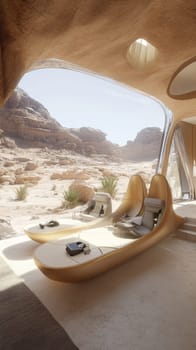 A sleek, futuristic dwelling blends seamlessly into the rugged desert landscape, offering a tranquil retreat amidst the grandeur of nature.