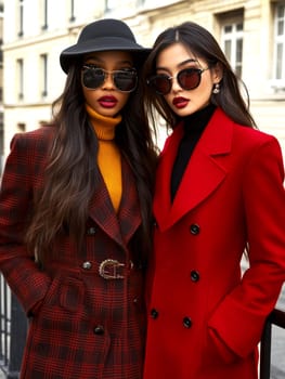 Women photographed on the street, all 70s style. AI generative