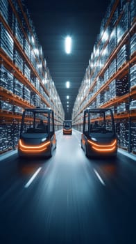 Illuminated high tech warehouse interior with autonomous robotic vehicles moving between tall shelves, showcasing advanced logistics and automation technology.
