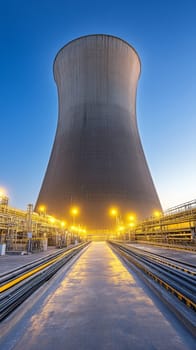 Massive cooling tower of a nuclear power plant illuminated at night, with industrial infrastructure in the foreground, symbolizing energy production.